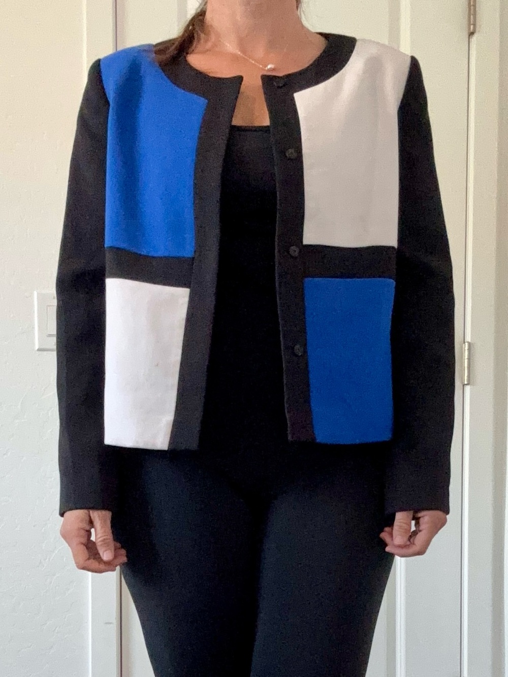 Tahari Arthur S Levine Colorblock Blue & White Snap Button Blazer Jacket